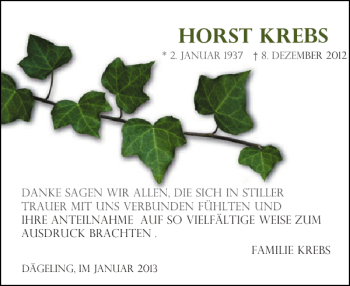 Traueranzeige von Horst Krebs von Norddeutsche Rundschau