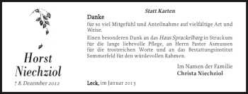 Traueranzeige von Horst Niechziol von Nordfriesland Tageblatt