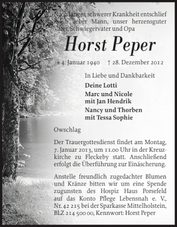 Traueranzeige von Horst Peper von Eckernförder Zeitung