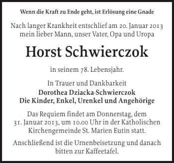 Traueranzeige von Horst Schwierczok von Ostholsteiner Anzeiger