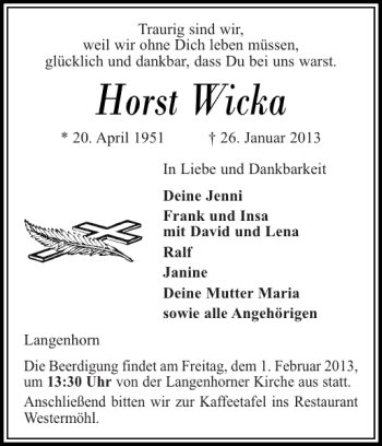 Traueranzeige von Horst Wicka von Flensburger Tageblatt