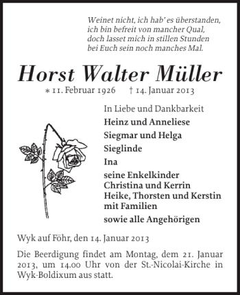 Traueranzeige von Horst Walter Müller von Der Insel-Bote
