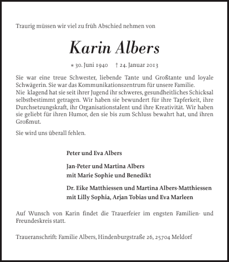  Traueranzeige für Karin Albers vom 26.01.2013 aus Norddeutsche Rundschau