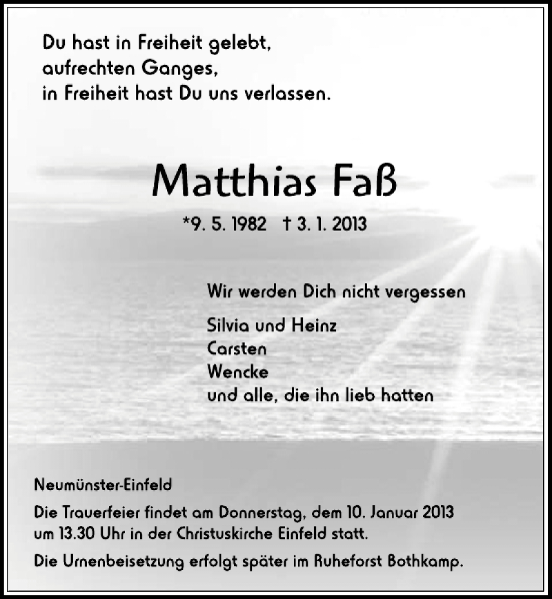  Traueranzeige für Matthias Faß vom 08.01.2013 aus Holsteinischer Courier