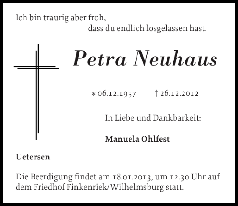  Traueranzeige für Petra Neuhaus vom 12.01.2013 aus Pinneberger Tageblatt