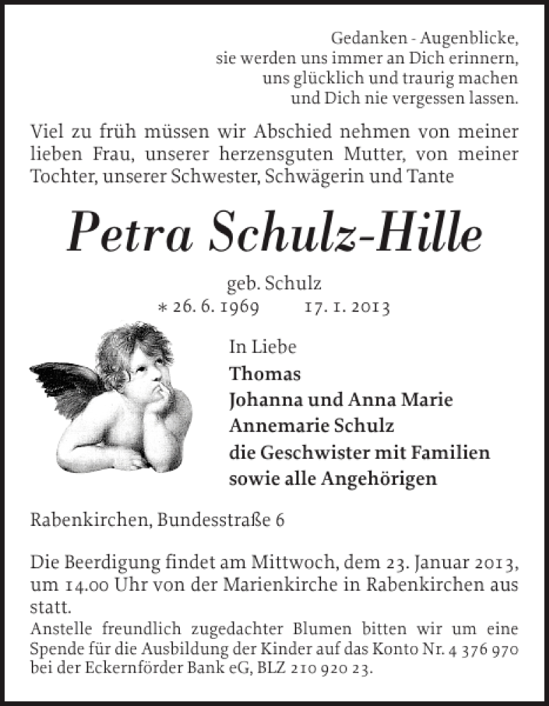  Traueranzeige für Petra Schulz-Hille vom 19.01.2013 aus Schlei-Bote