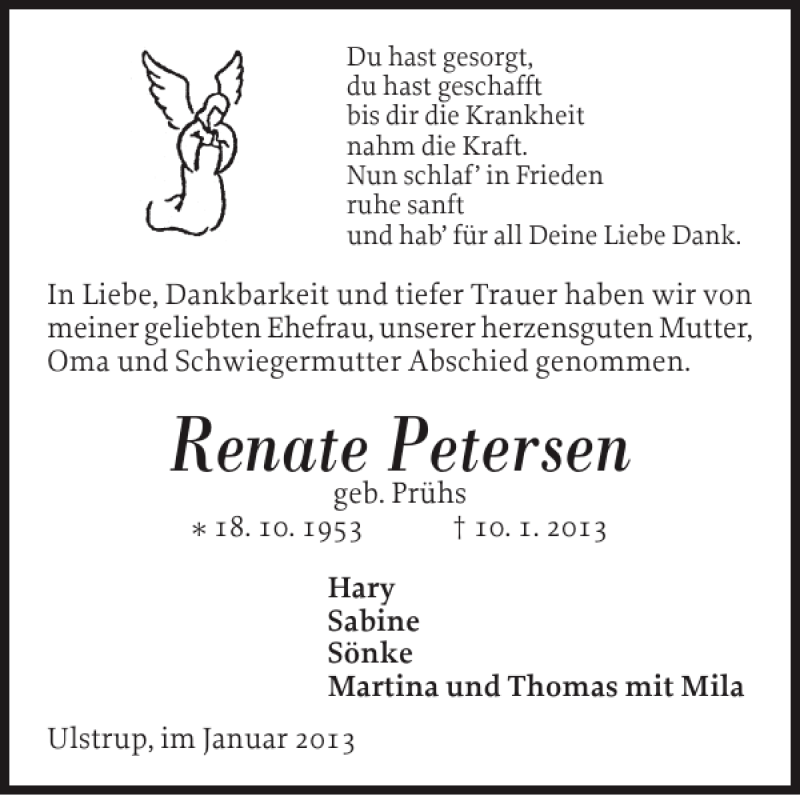  Traueranzeige für Renate Petersen vom 21.01.2013 aus Flensburger Tageblatt