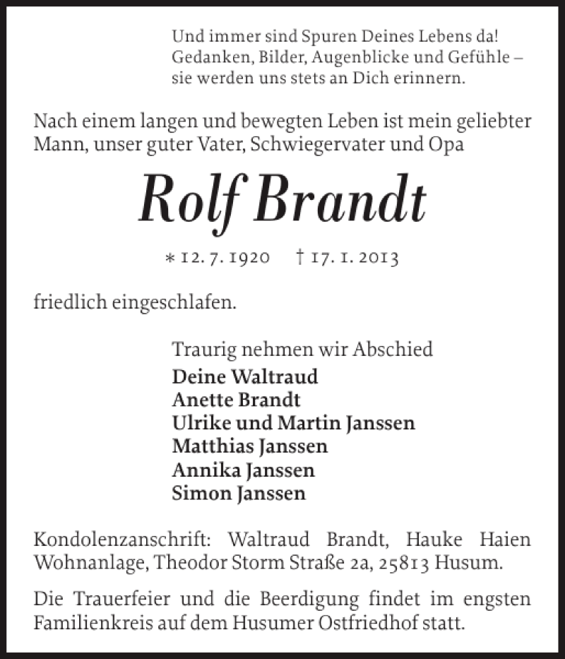  Traueranzeige für Rolf Brandt vom 22.01.2013 aus Husumer Nachrichten
