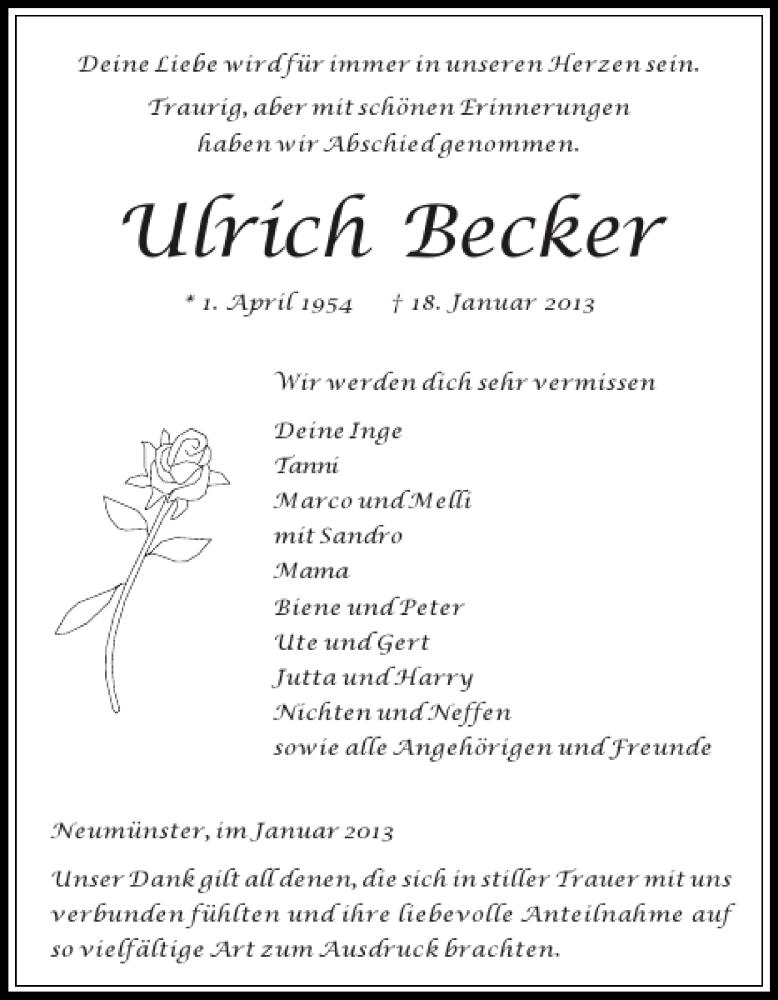 Traueranzeige für Ulrich Becker vom 26.01.2013 aus Holsteinischer Courier