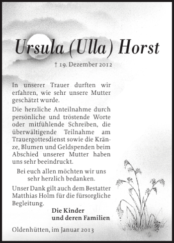 Traueranzeige von Ursula Ulla Horst von Landeszeitung