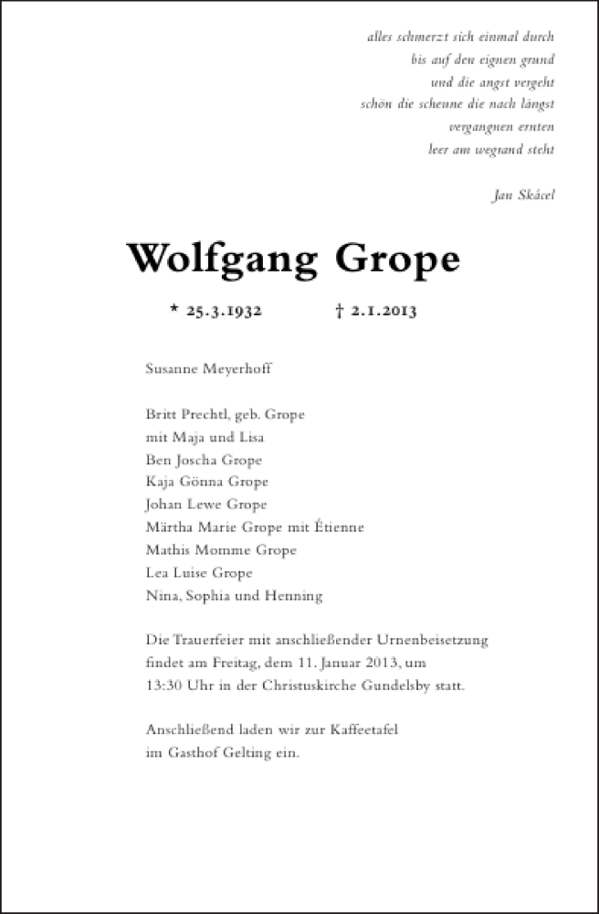  Traueranzeige für Wolfgang Grope vom 08.01.2013 aus Flensburger Tageblatt