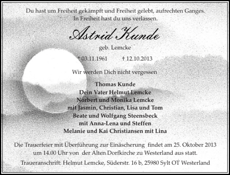  Traueranzeige für Astrid Kunde vom 23.10.2013 aus Sylter Rundschau