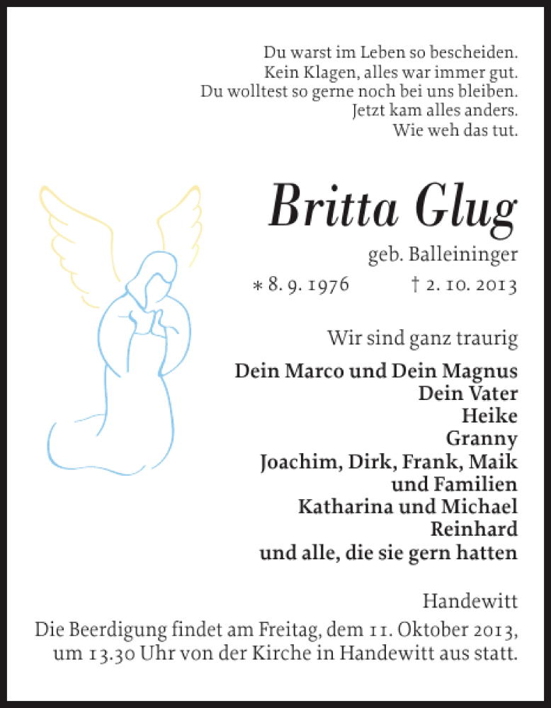  Traueranzeige für Britta Glug vom 08.10.2013 aus Flensburger Tageblatt