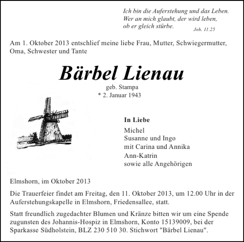  Traueranzeige für Bärbel Lienau vom 05.10.2013 aus Elmshorner Nachrichten