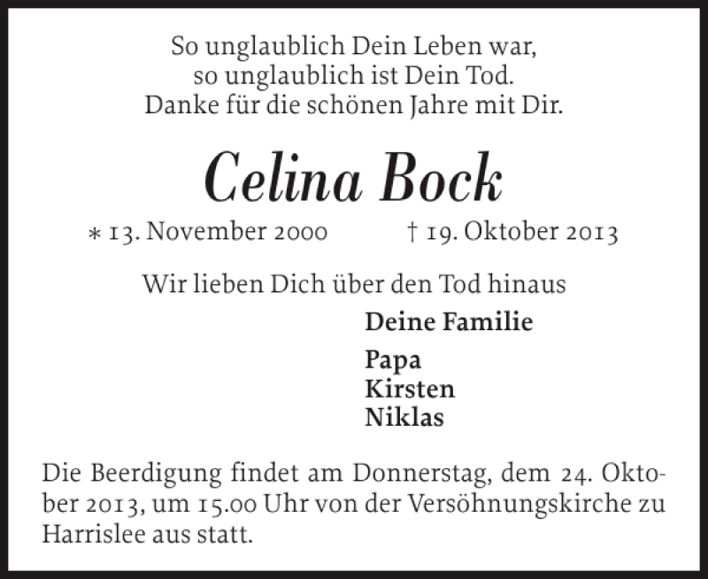  Traueranzeige für Celina Bock vom 22.10.2013 aus Flensburger Tageblatt