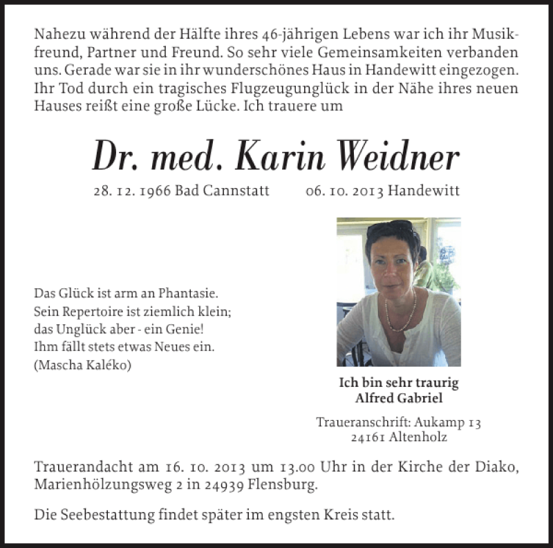  Traueranzeige für Dr. med. Karin Weidner vom 12.10.2013 aus Flensburger Tageblatt