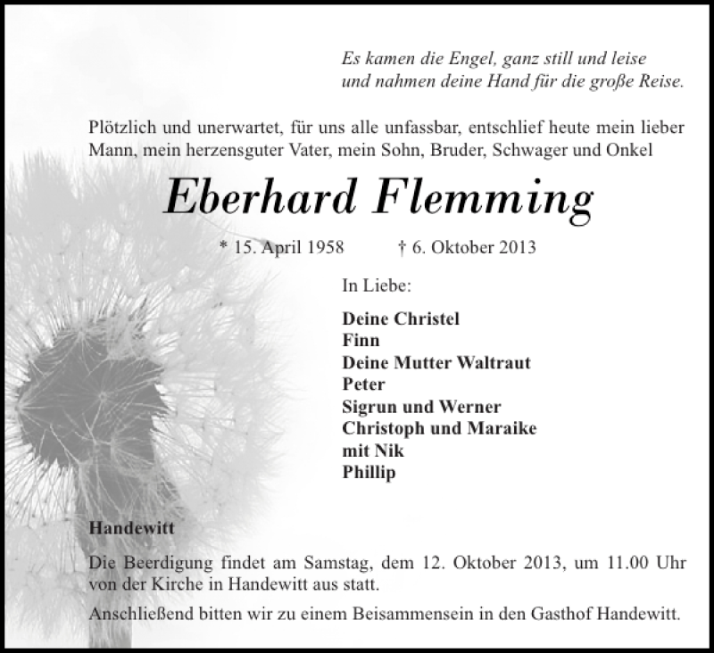  Traueranzeige für Eberhard Flemming vom 08.10.2013 aus Flensburger Tageblatt