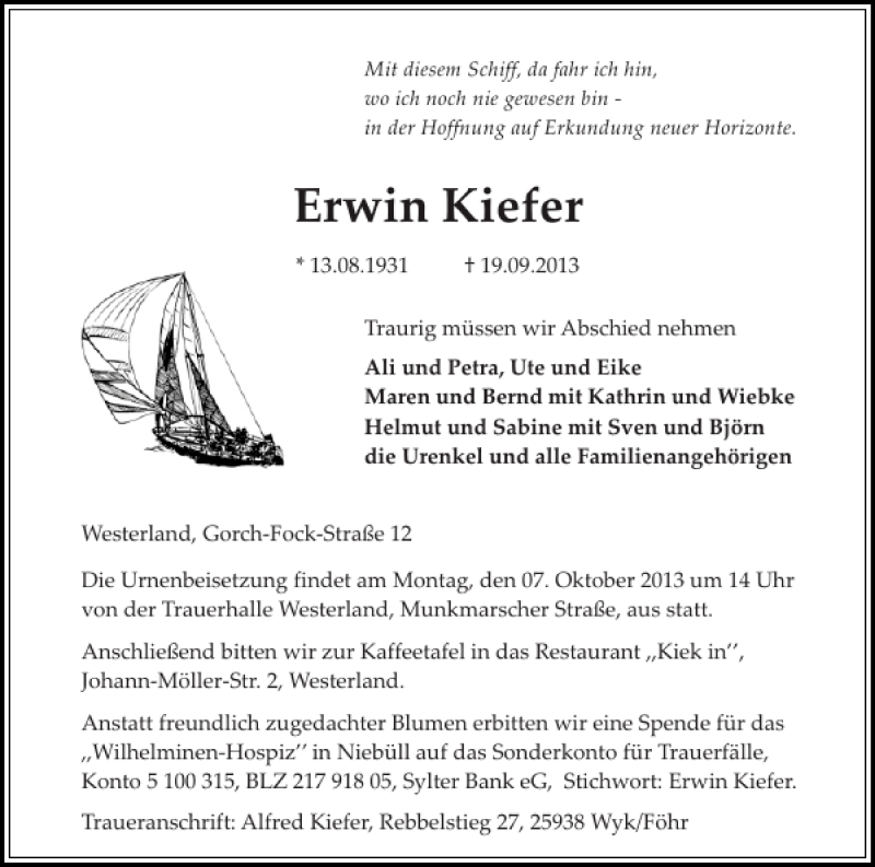  Traueranzeige für Erwin Kiefer vom 01.10.2013 aus Sylter Rundschau