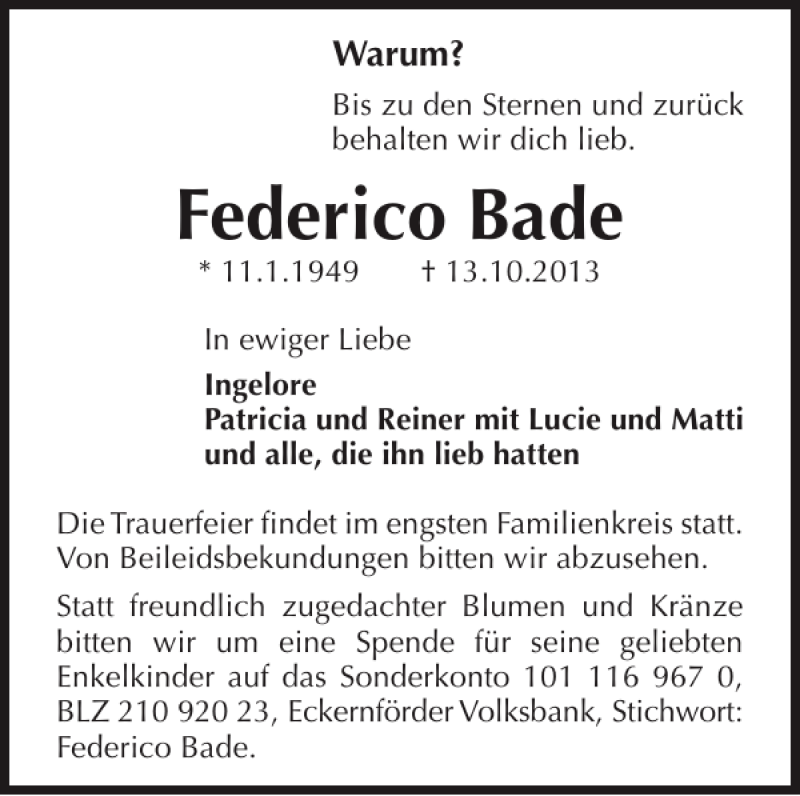  Traueranzeige für Federico Bade vom 16.10.2013 aus Eckernförder Zeitung