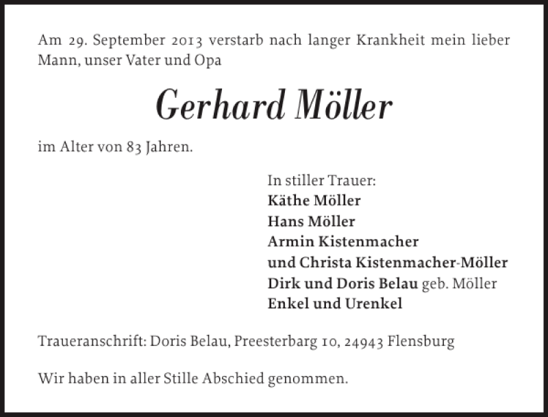  Traueranzeige für Gerhard Möller vom 05.10.2013 aus Flensburger Tageblatt