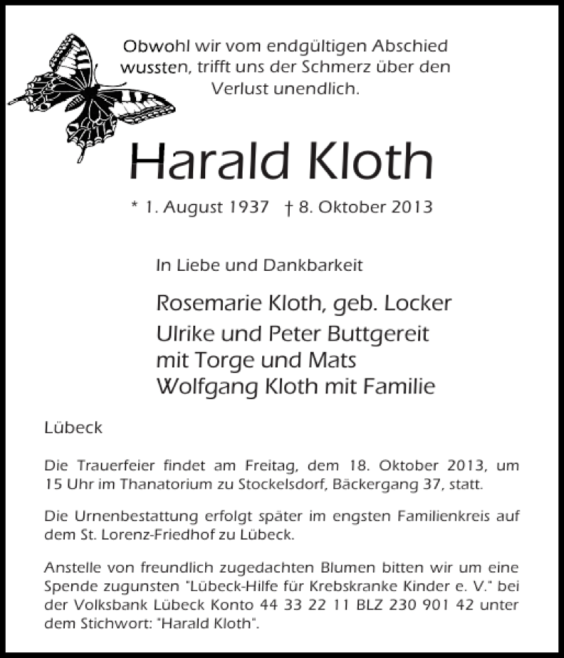  Traueranzeige für Harald Kloth vom 14.10.2013 aus Ostholsteiner Anzeiger
