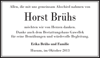 Traueranzeige von Horst Brühs von Husumer Nachrichten