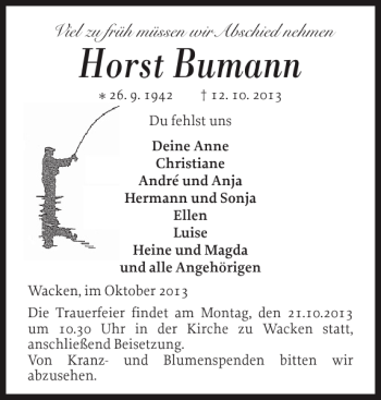 Traueranzeige von Horst Bumann von Norddeutsche Rundschau