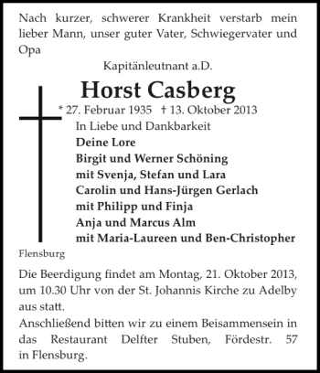 Traueranzeige von Horst Casberg von Flensburger Tageblatt