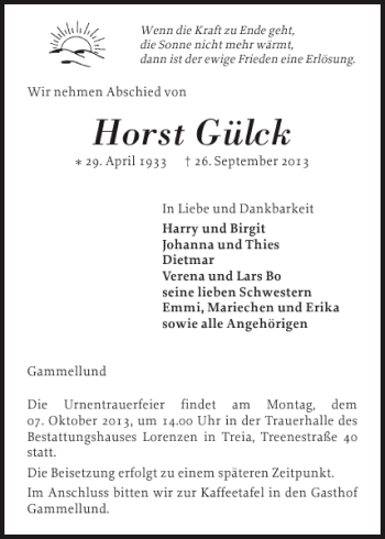 Traueranzeige von Horst Gülck von Schleswiger Nachrichten