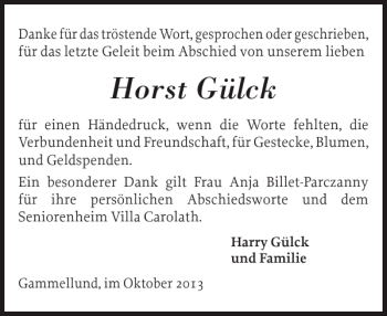 Traueranzeige von Horst Gülck von Schleswiger Nachrichten