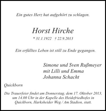 Traueranzeige von Horst Hirche von Pinneberger Tageblatt