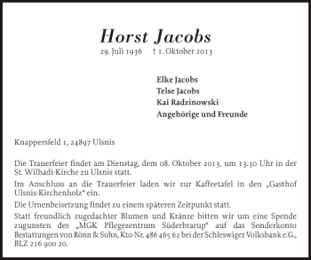 Traueranzeige von Horst Jacobs von Schleswiger Nachrichten