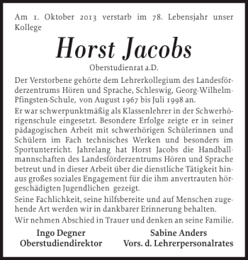 Traueranzeige von Horst Jacobs von Schleswiger Nachrichten