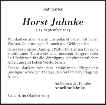 Traueranzeige von Horst Jahnke von Schleswiger Nachrichten