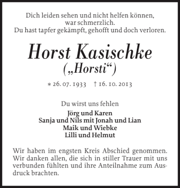Traueranzeige von Horst Kasischke von Flensburger Tageblatt