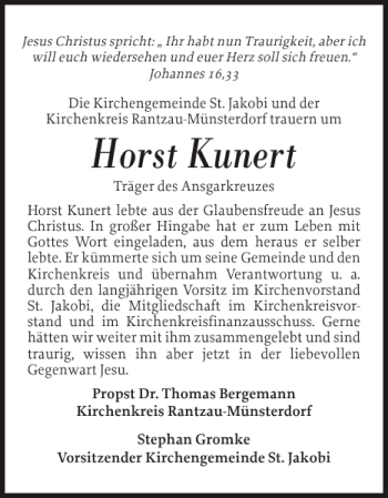Traueranzeige von Horst Kunert von Norddeutsche Rundschau