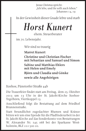 Traueranzeige von Horst Kunert von Norddeutsche Rundschau