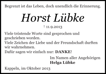 Traueranzeige von Horst Lübke von Flensburger Tageblatt