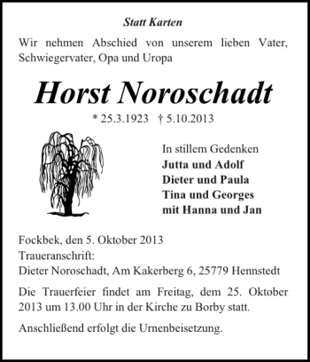 Traueranzeige von Horst Noroschadt von Eckernförder Zeitung