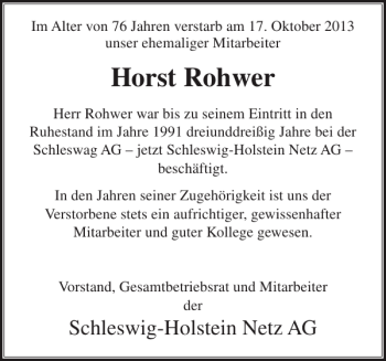 Traueranzeige von Horst Rohwer von Landeszeitung