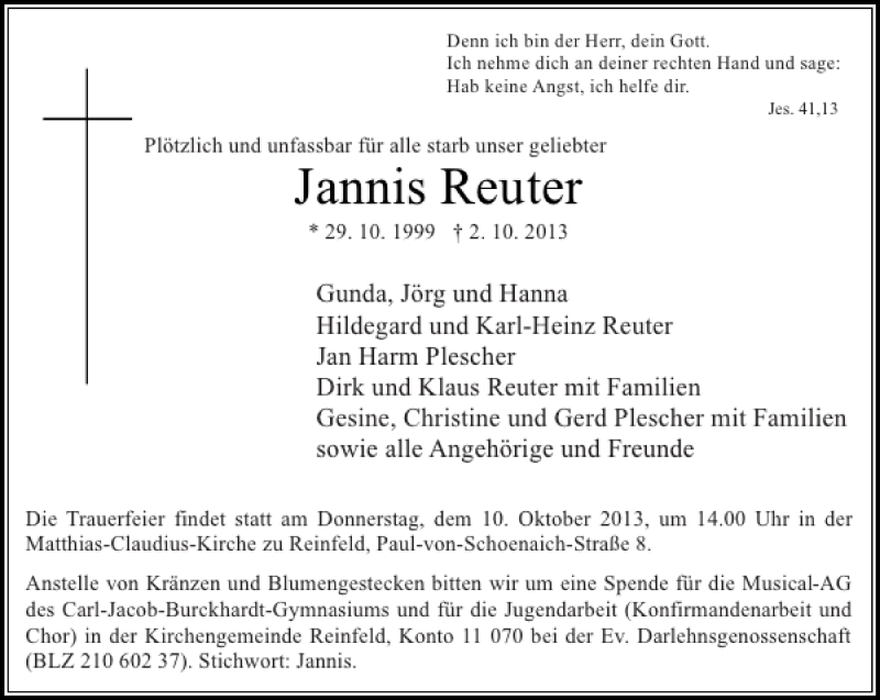  Traueranzeige für Jannis Reuter vom 09.10.2013 aus Stormarner Tageblatt