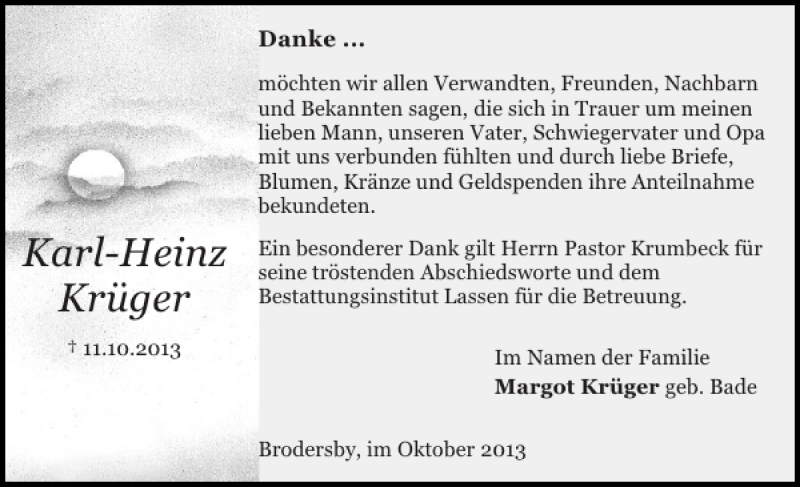  Traueranzeige für Karl-Heinz Krüger vom 25.10.2013 aus Schleswiger Nachrichten