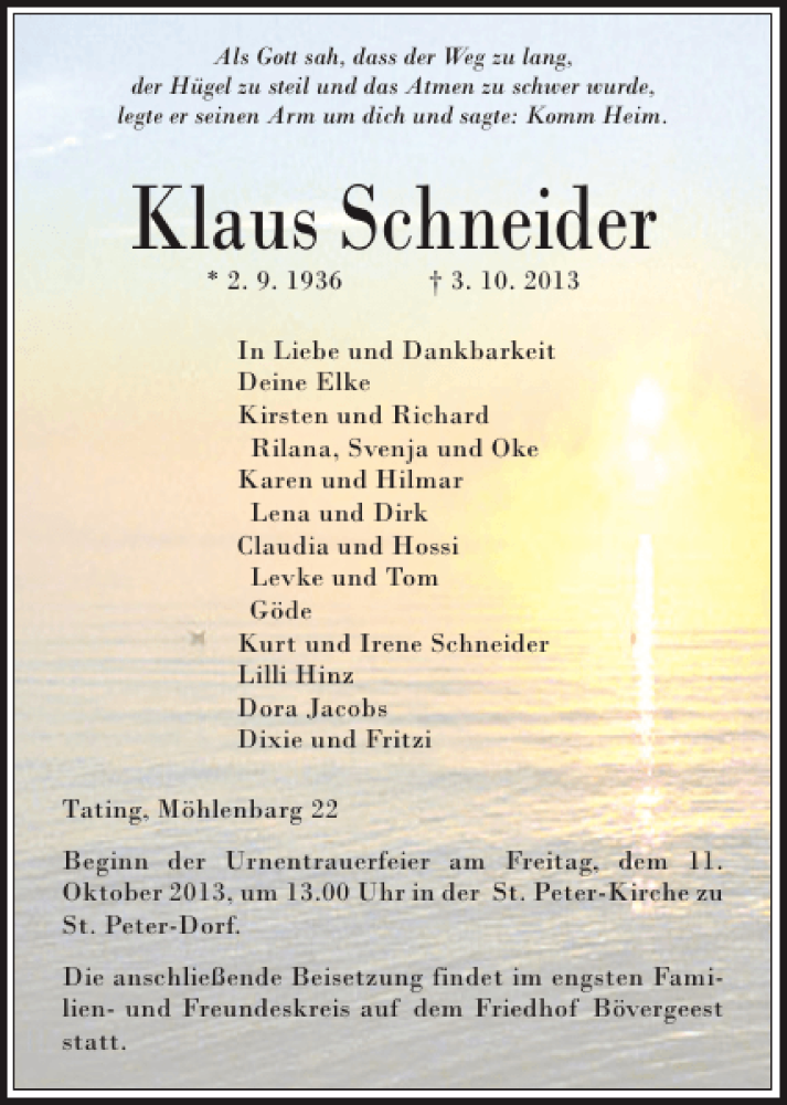  Traueranzeige für Klaus Schneider vom 08.10.2013 aus Husumer Nachrichten