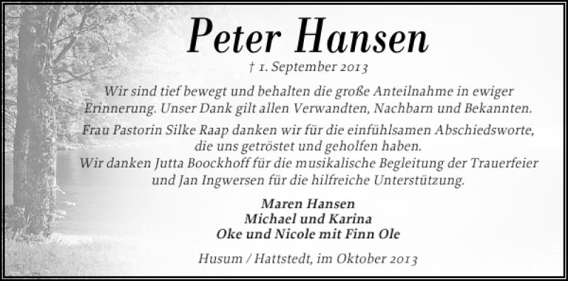  Traueranzeige für Peter Hansen vom 19.10.2013 aus Husumer Nachrichten