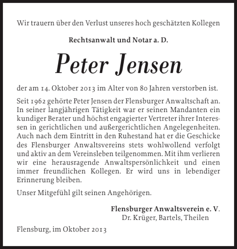  Traueranzeige für Peter Jensen vom 19.10.2013 aus Flensburger Tageblatt