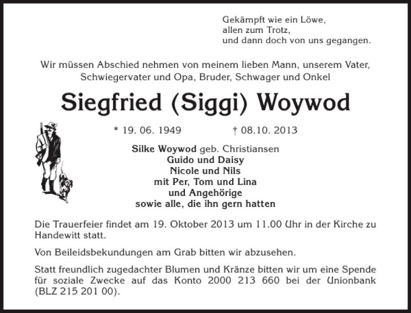  Traueranzeige für Siegfried Siggi Woywod vom 12.10.2013 aus Flensburger Tageblatt