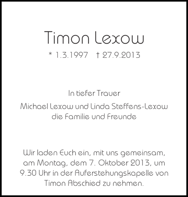  Traueranzeige für Timon Lexow vom 04.10.2013 aus Holsteinischer Courier