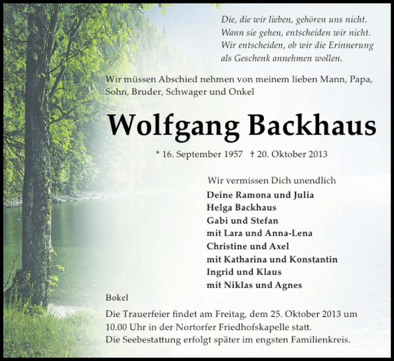  Traueranzeige für Wolfgang Backhaus vom 23.10.2013 aus Landeszeitung