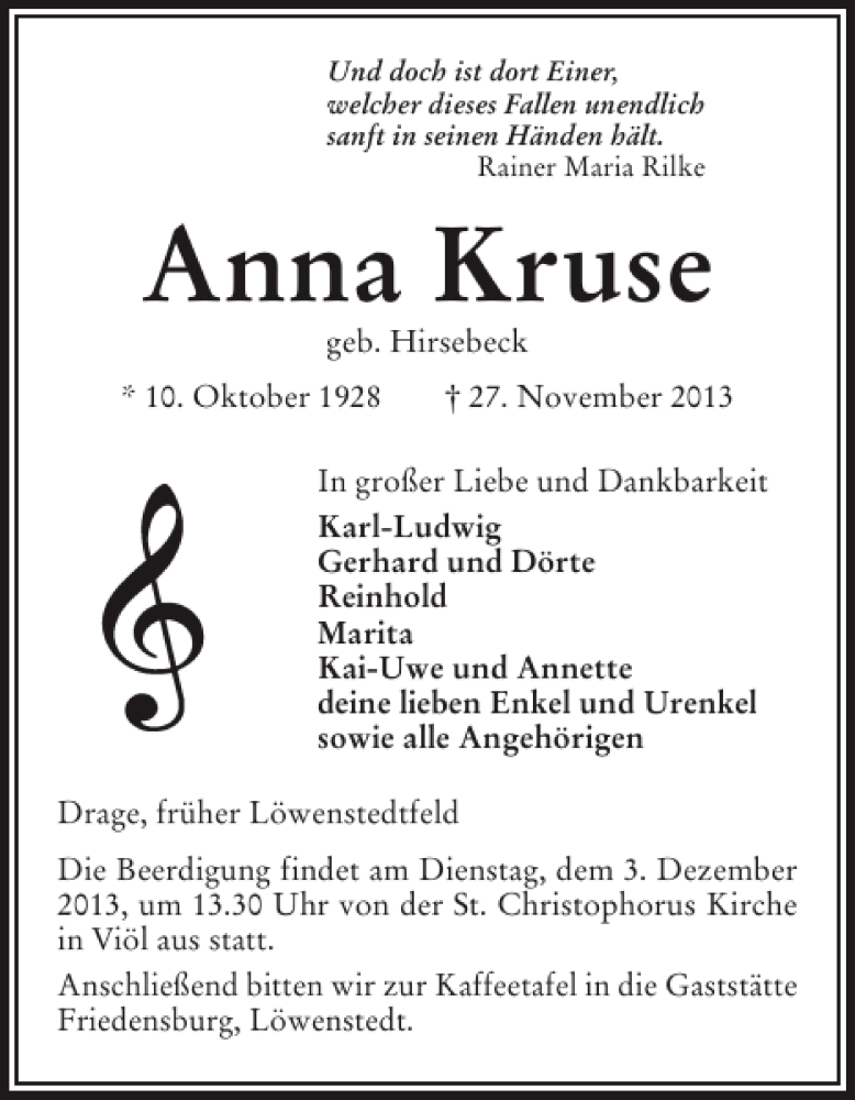  Traueranzeige für Anna Kruse vom 30.11.2013 aus Flensburger Tageblatt