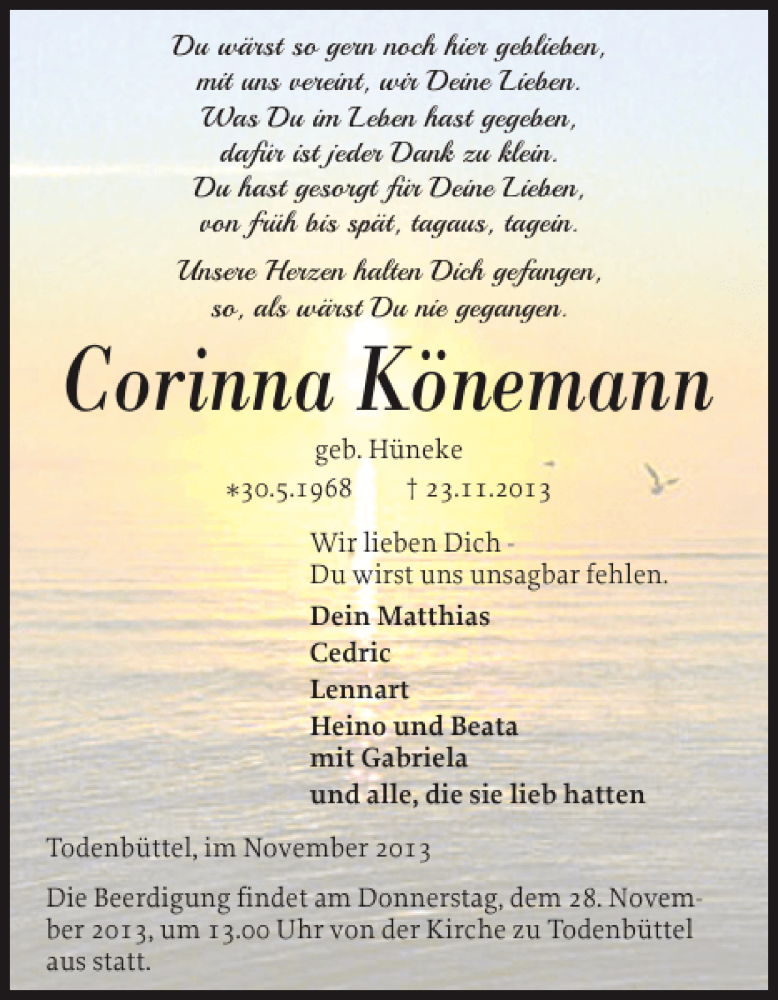  Traueranzeige für Corinna Könemann vom 25.11.2013 aus Landeszeitung
